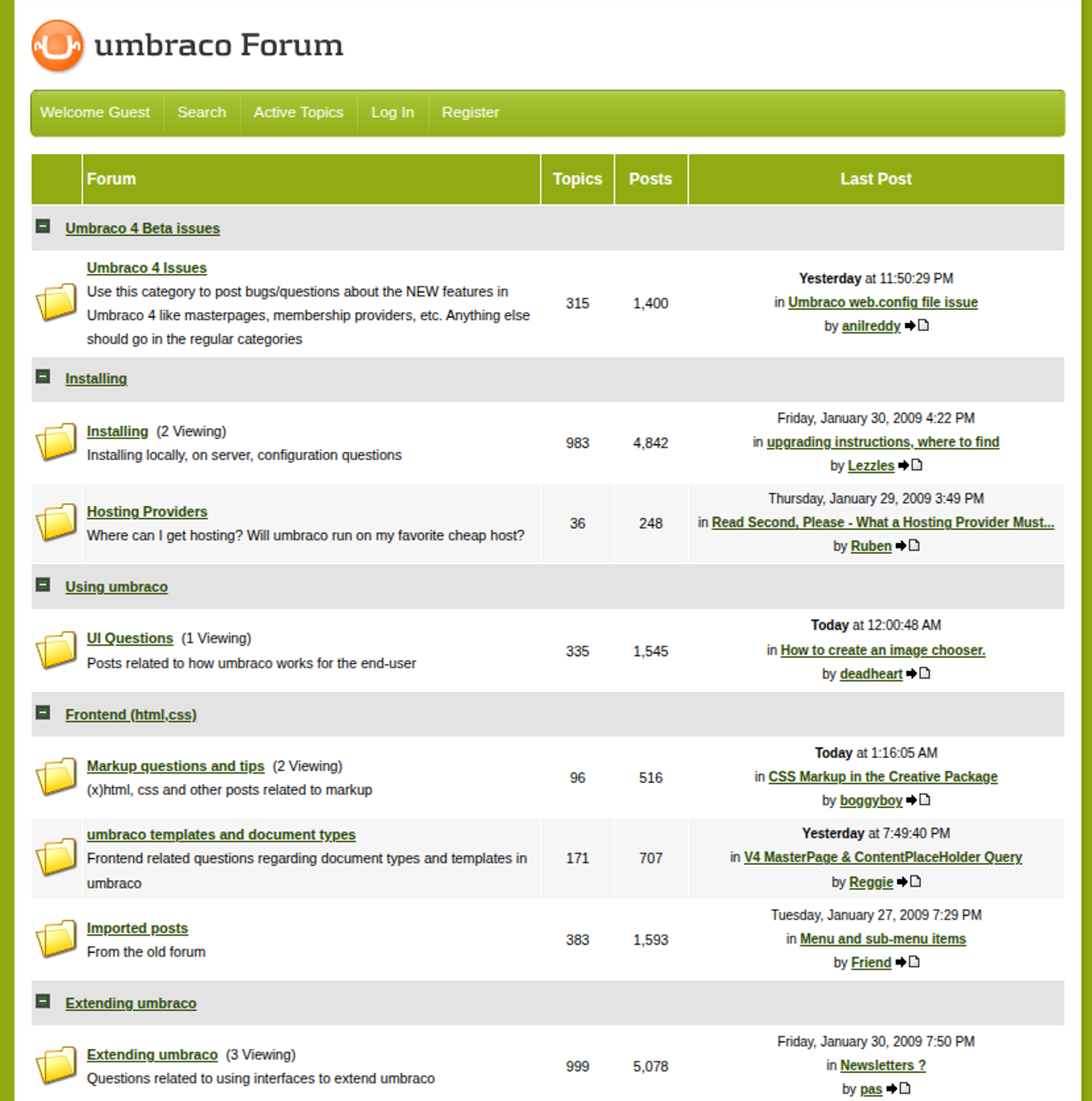 Screenshot of the YAF forum with categories ranging from Installing to UI Questions to Extending Umbraco